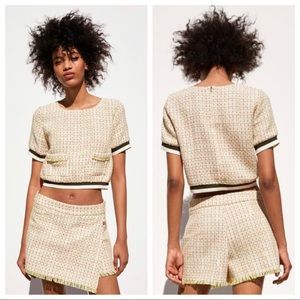 Zara Tweed Short Sleeve Crop Top